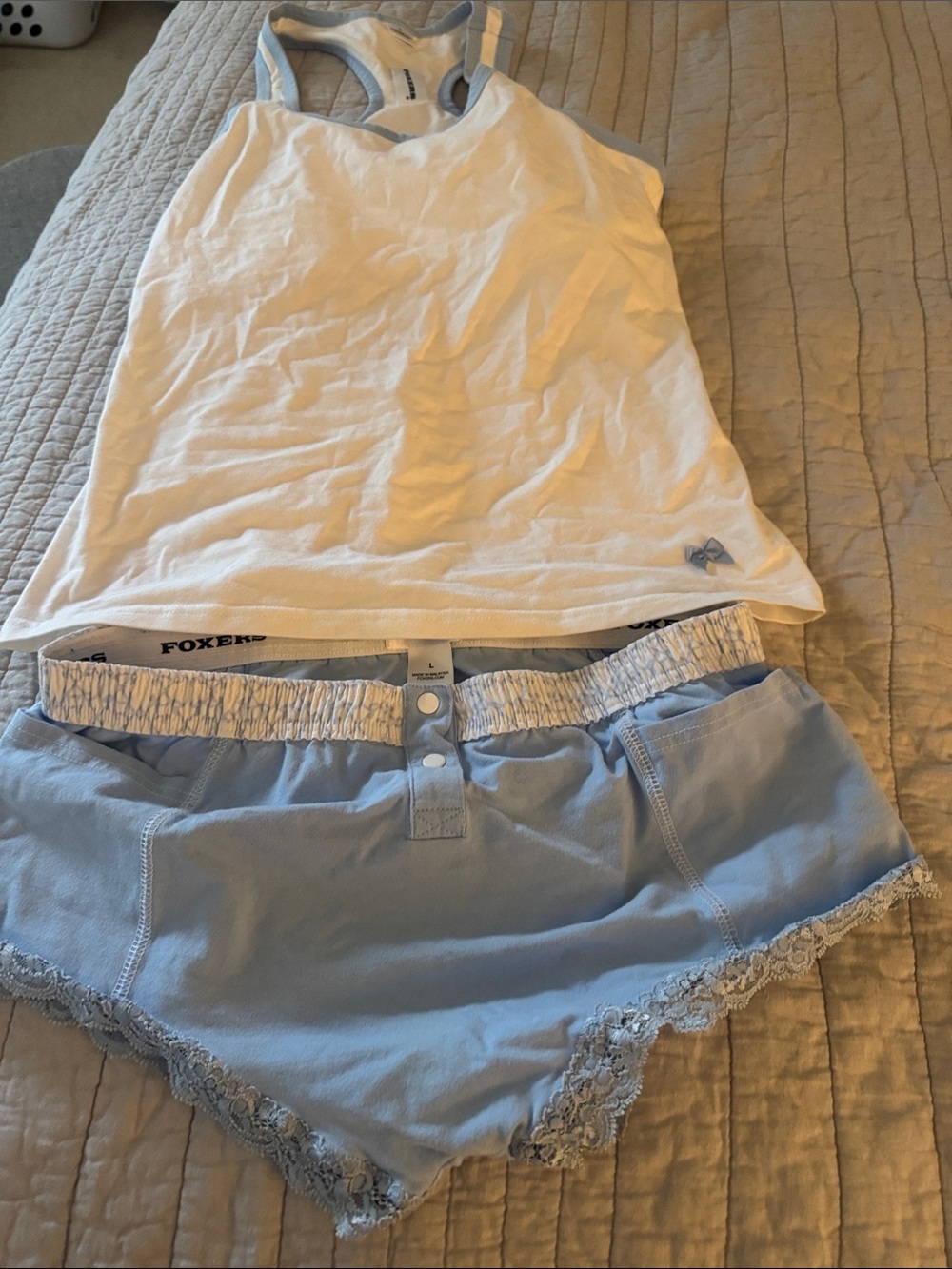 White Racerback Tank with Light Blue Lace Trim Shorts